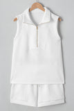 White Textured Half Zip Tank Top Drawstring Shorts Set