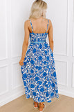 Blue Floral Printed Spaghetti Strap Maxi Dress with Waist Tie