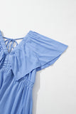 Sky Blue Textured V Neck Flutter Sleeve Ruffled Maxi Dress