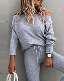 2PCS Long Sleeve Top & High Waist Drawstring Pants Set