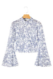 Sky Blue Floral Bell Sleeve Mock Neck Crop Mesh Top