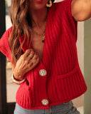 V Neck Sleeveless Button Front Knit Vest Casual Loose Fit Sweater Top with Pockets