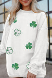 White Sequin Clover Patched Drop Shoulder Corded Sweatshirt