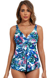 Green Floral Print Padded V Neck Tankini Top