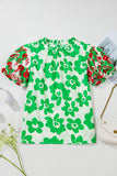Green Contrast Embroidered Puff Short Sleeve Floral Blouse