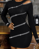 Studded One Shoulder Long Sleeve Bodycon Dress