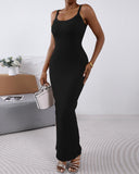 ChicMe ShapeSculpt Basic Lounge Slip U Neck Long Dress Elegant Sleeveless Ribbed Bodycon Maxi Dresses