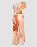 Cold Shoulder Ruched Buckle Wide Leg Jumpsuit