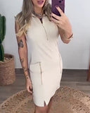 Zipper Front Sleeveless Mini Dress Casual Pocket Design Dress