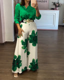 2 Pieces Outfit Long Sleeve Satin Blouse and Casual Floral Print High Waist Wide Leg Pants Set