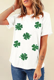 White Sequin Lucky Clover Graphic Crewneck Tee