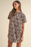 Brown Leopard Print Crew Neck Shift Short T Shirt Dress