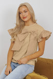 Parchment Two Tones Ribbon Bow Ruffle Sleeve Top