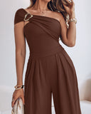 Cold Shoulder Ruched Buckle Wide Leg Jumpsuit