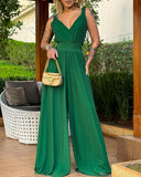 Plunge V Neck Ruched Strap Sleeveless Jumpsuit Casual Waist Shirred Wide Leg Romper