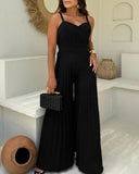 Pleated V Neck Spaghetti Strap Waist Jumpsuit Casual Wide Leg Flared Romper