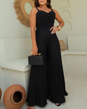 Pleated V Neck Spaghetti Strap Waist Jumpsuit Casual Wide Leg Flared Romper