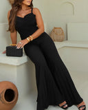 Pleated V Neck Spaghetti Strap Waist Jumpsuit Casual Wide Leg Flared Romper