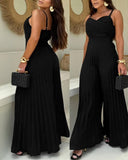 Pleated V Neck Spaghetti Strap Waist Jumpsuit Casual Wide Leg Flared Romper