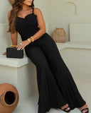 Pleated V Neck Spaghetti Strap Waist Jumpsuit Casual Wide Leg Flared Romper