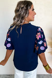 Sail Blue Shellfish Coral Embroidery Puff Sleeve Frilled Neck Blouse