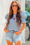 Blue Stripe America Cursive Graphic Puff Sleeve T-shirt