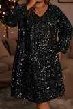 Color black Plus Size Bubble Sleeve V Neck Sequin Dress