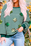 Green Stripe Four Leaf Clover Pattern St Patricks Drop Shoulder Sweatshirt