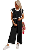 Black Color Block Pocketed T Shirt and Wide Leg Pants Set