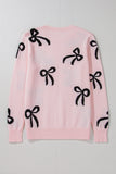 Light Pink Bow Pattern Knitted Loose Fit Sweater