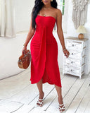 Eyelet Embroidery Bandeau Ruched Slit Casual Dress