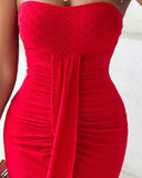 Eyelet Embroidery Bandeau Ruched Slit Casual Dress