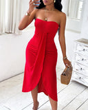 Eyelet Embroidery Bandeau Ruched Slit Casual Dress