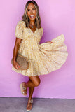 Yellow Floral Short Sleeve V Neck Frilly Tiered Mini Dress