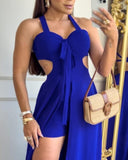 V Neck Spaghetti Strap Hollow out Jumpsuit Casual Tied Detail Slit Dress Romper