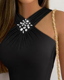 Rhinestone Halter Sleeveless Slim Fit Tank Ruched Casual Top