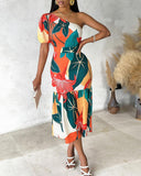 Tropical Floral Print One Shoulder Smock Dress