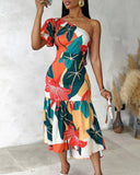 Tropical Floral Print One Shoulder Smock Dress