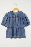 Sail Blue Plus Drawstring V Neck Puff Sleeve Denim Blouse