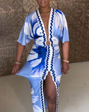Floral Print Plunge V Neck Bell Sleeve Bodycon Dress Casual Slim Fit Slit Midi Dress