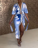 Floral Print Plunge V Neck Bell Sleeve Bodycon Dress Casual Slim Fit Slit Midi Dress