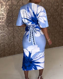 Floral Print Plunge V Neck Bell Sleeve Bodycon Dress Casual Slim Fit Slit Midi Dress