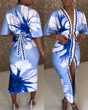 Floral Print Plunge V Neck Bell Sleeve Bodycon Dress Casual Slim Fit Slit Midi Dress