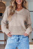 Brown Eyelet Pattern Detail V Neck Drop Shoulder Sweater