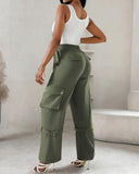 Snap Button Buckled Drawstring Cargo Pants