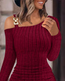 Chain Decor Cold Shoulder Ribbed Bodycon Dress