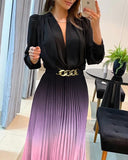 Ombre Plunge Pleated Midi Dress With Chain Decor Belt