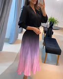 Ombre Plunge Pleated Midi Dress With Chain Decor Belt