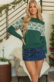 Green Christmas Snowflake Dotted Print Round Neck Sweater