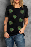 Black Sequin Leopard Clover Graphic Crewneck St Patrick Tee